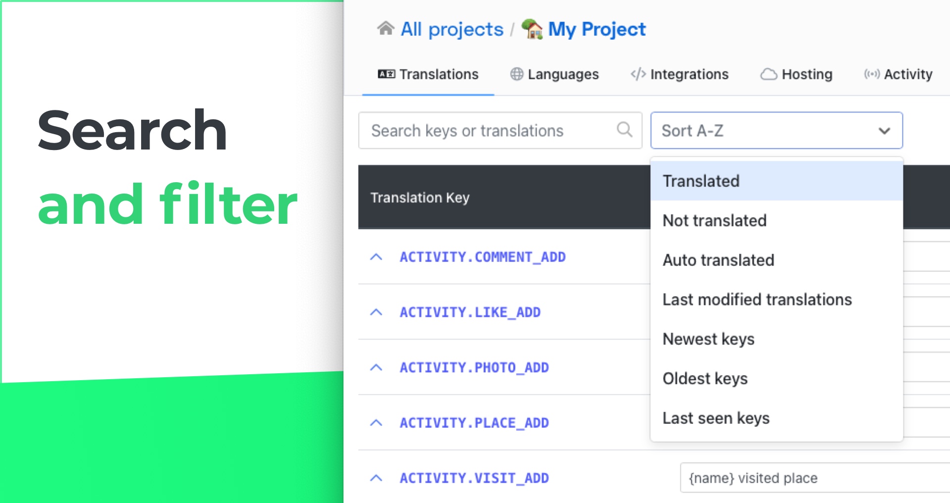 Search and sort translation keys