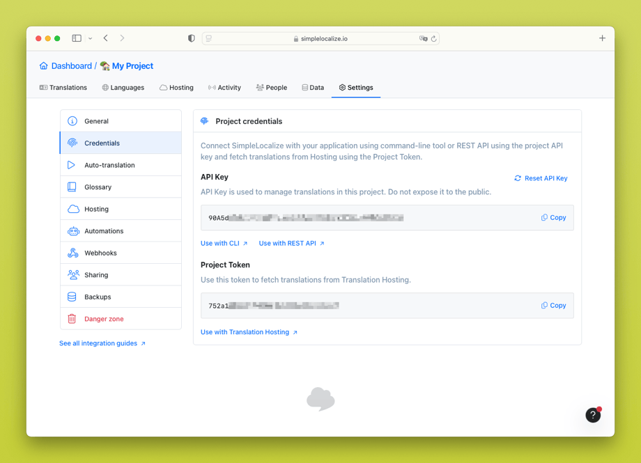 SimpleLocalize: Project API Key location