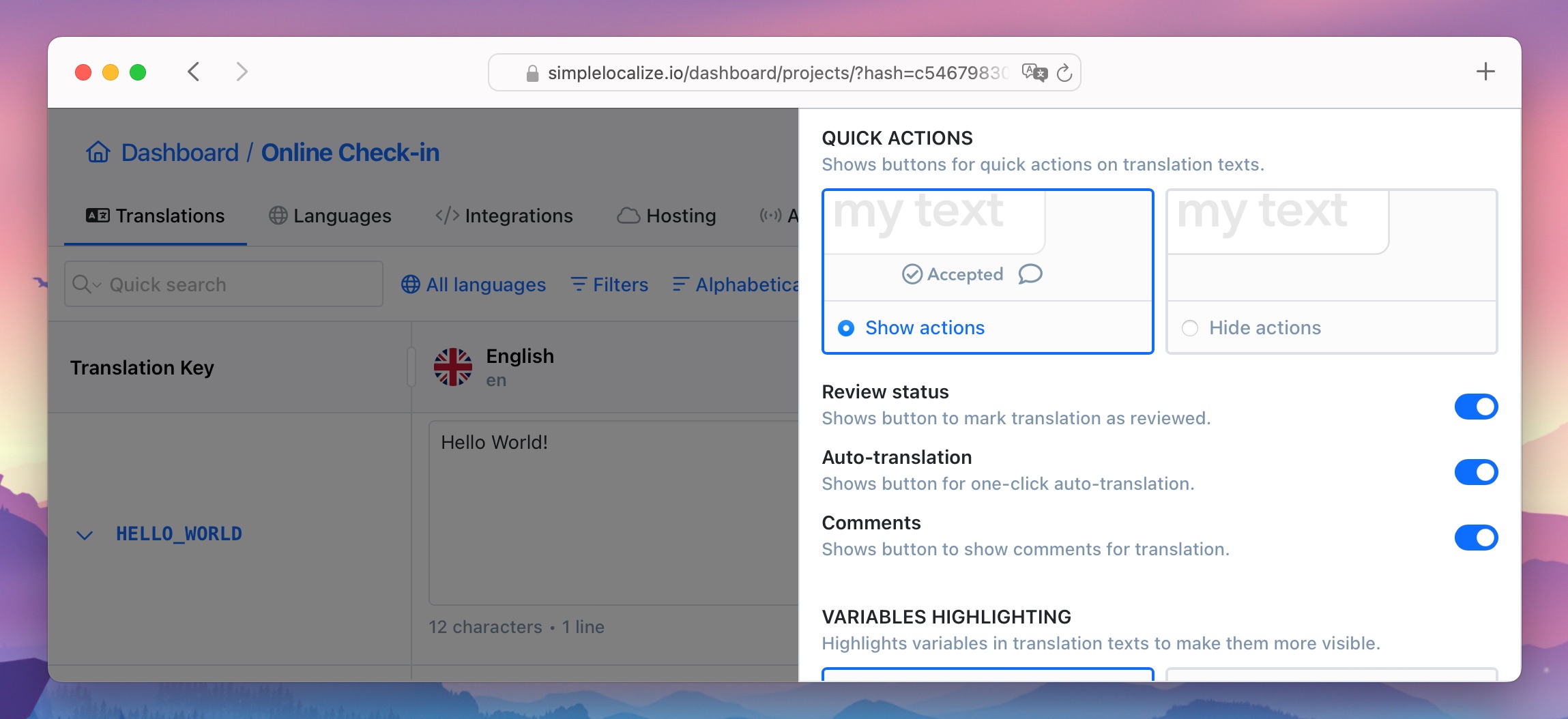 Quick actions in translation editor