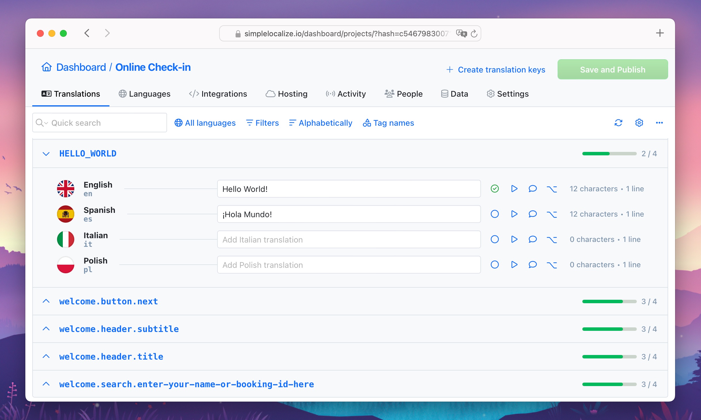 Translation editor simple list view