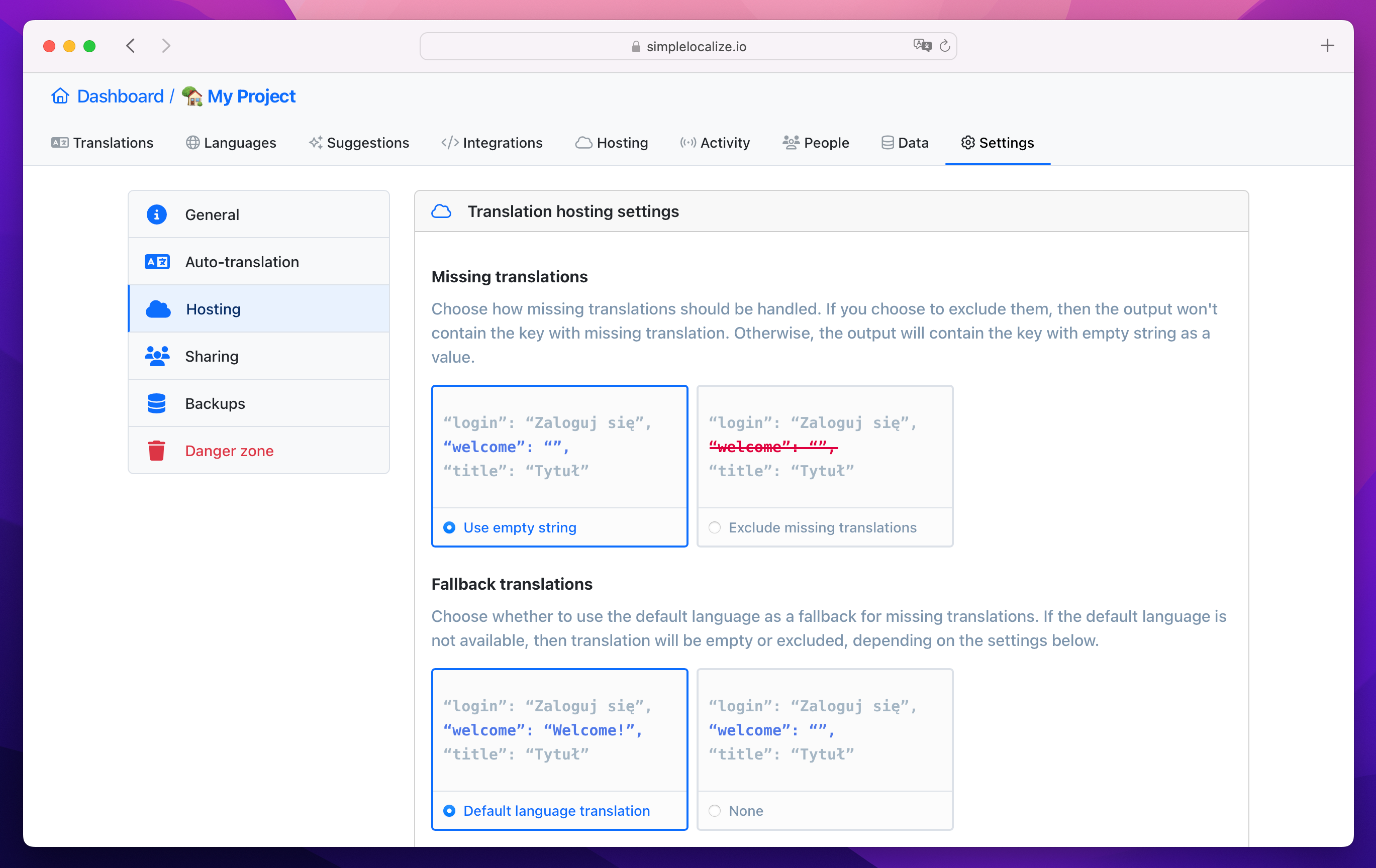 view of translation hosting settings