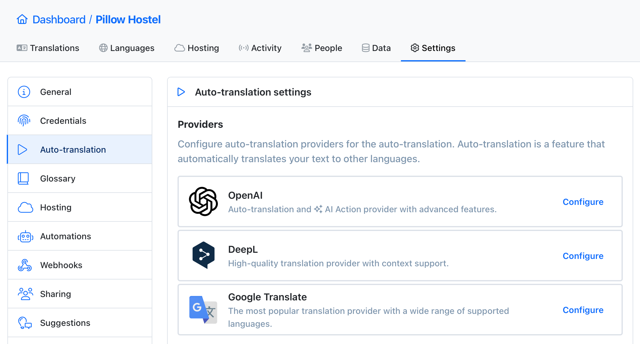 Machine translation API keys configuration