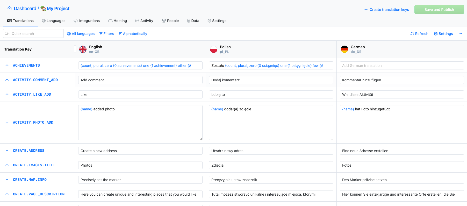 SimpleLocalize translation editor in spreadsheet view